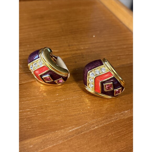 VINTAGE CINDY ADAMS CLIP EARRINGS  Purple Orange with Pink Stones + Rhinestones - Picture 1 of 5